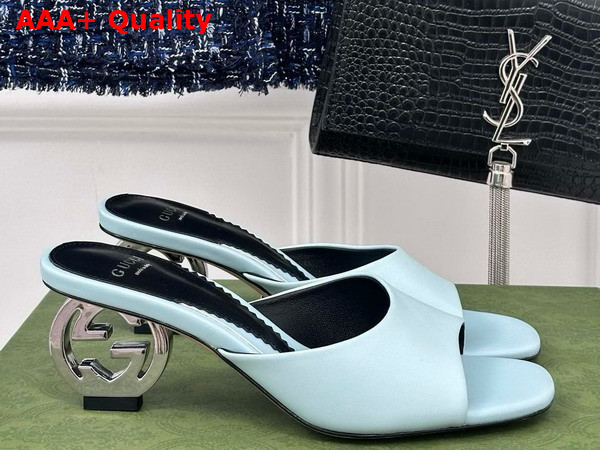 Gucci Womens Interlocking G Heel Sandal in Light Blue Leather 772569 Replica