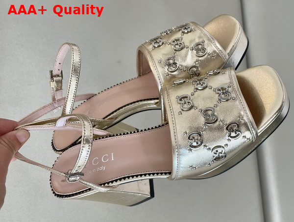 Gucci Womens Interlocking G Studs Sandal in Light Gold Leather 719844 Replica