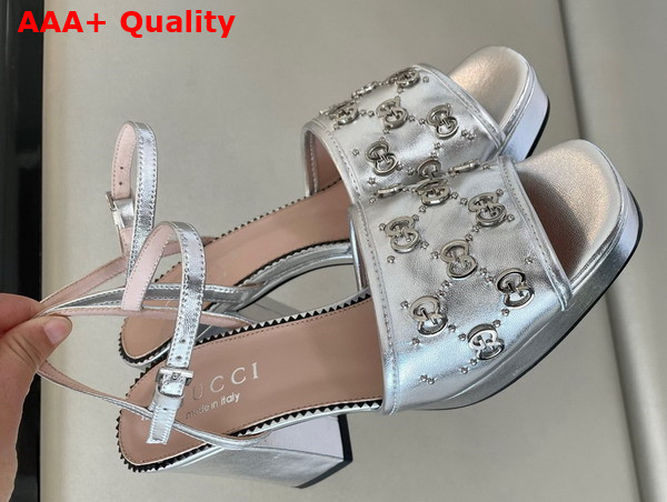 Gucci Womens Interlocking G Studs Sandal in Silver Leather 719844 Replica