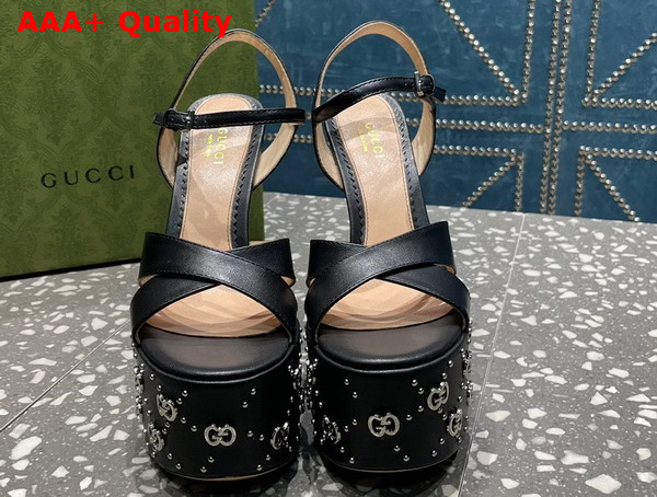 Gucci Womens Interlocking H Studs Sandal in Black Leather 719843 Replica