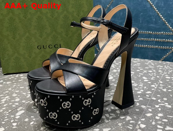 Gucci Womens Interlocking H Studs Sandal in Black Leather 719843 Replica