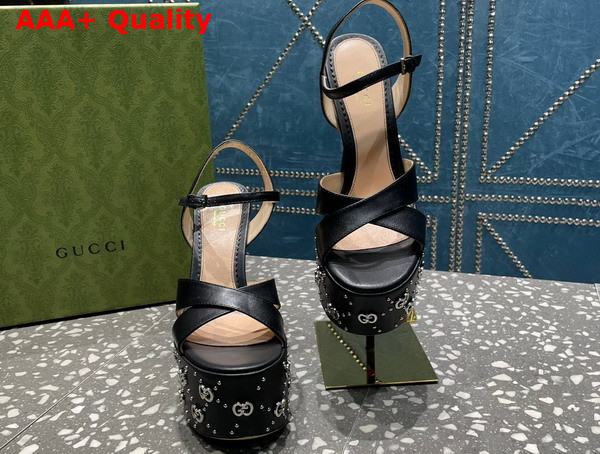 Gucci Womens Interlocking H Studs Sandal in Black Leather 719843 Replica