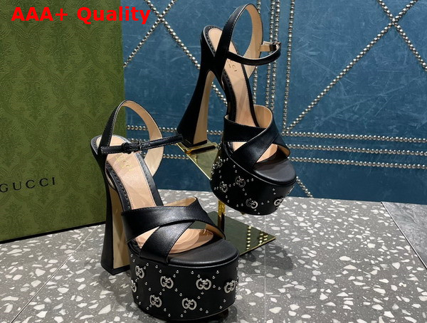 Gucci Womens Interlocking H Studs Sandal in Black Leather 719843 Replica