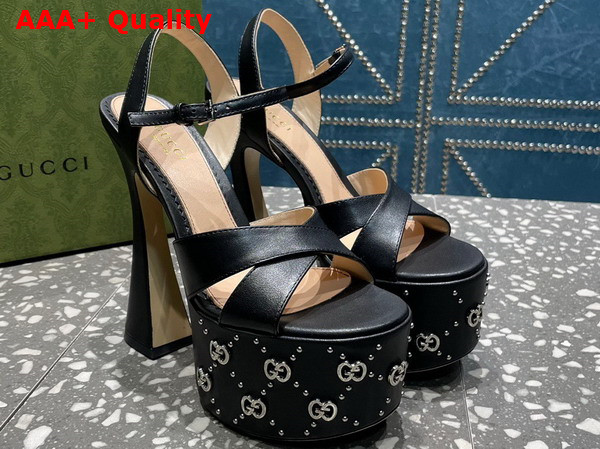 Gucci Womens Interlocking H Studs Sandal in Black Leather 719843 Replica