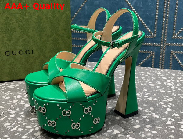 Gucci Womens Interlocking H Studs Sandal in Green Leather 719843 Replica