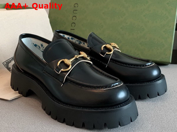 Gucci Womens Leather Lug Sole Loafer in Black Shiny Leather 577236 Replica