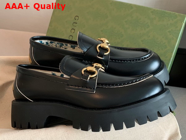 Gucci Womens Leather Lug Sole Loafer in Black Shiny Leather 577236 Replica