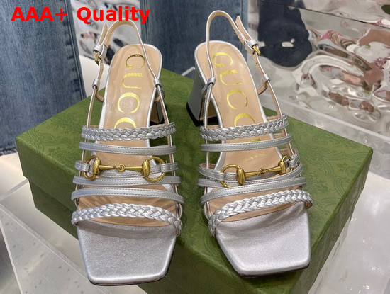 Gucci Womens Leather Sandal with Horsebit Silver Metallic Leather 645404 Replica