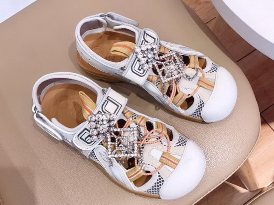 Gucci Womens Leather and Mesh Sandal with Crystals White Leather 571557