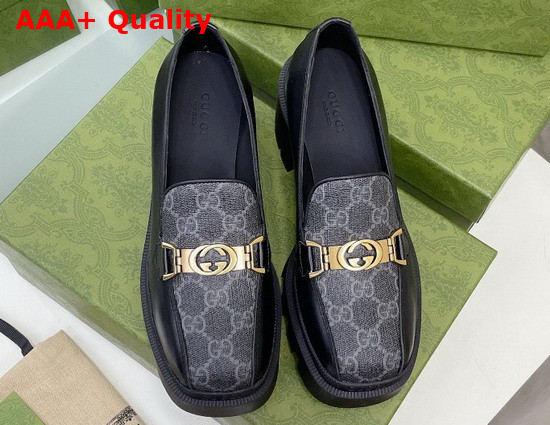 Gucci Womens Loafer with Interlocking G Black Leather Beige and Blue GG Supreme Canvas 670417 Replica