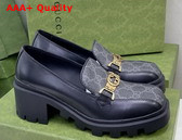 Gucci Womens Loafer with Interlocking G Black Leather Beige and Blue GG Supreme Canvas 670417 Replica