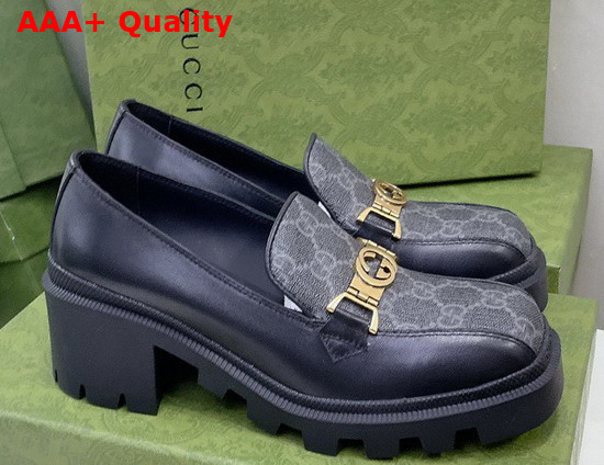 Gucci Womens Loafer with Interlocking G Black Leather Beige and Blue GG Supreme Canvas 670417 Replica