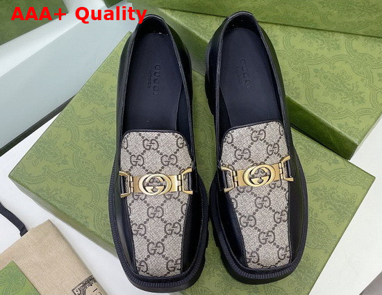 Gucci Womens Loafer with Interlocking G Black Leather Beige and Ebony GG Supreme Canvas 670417 Replica