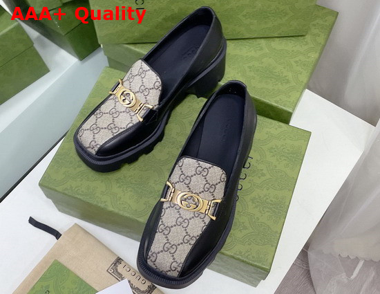 Gucci Womens Loafer with Interlocking G Black Leather Beige and Ebony GG Supreme Canvas 670417 Replica