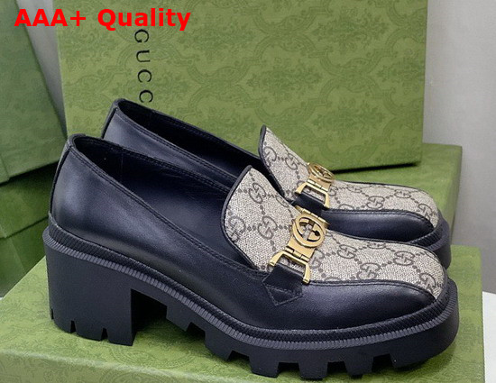 Gucci Womens Loafer with Interlocking G Black Leather Beige and Ebony GG Supreme Canvas 670417 Replica