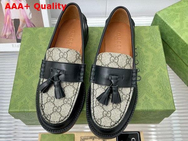 Gucci Womens Loafer with Tassel Black Leather and GG Supreme Canvas Replica