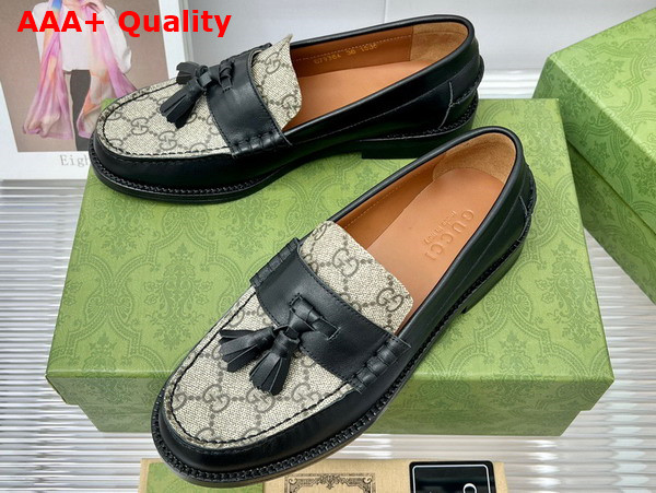 Gucci Womens Loafer with Tassel Black Leather and GG Supreme Canvas Replica