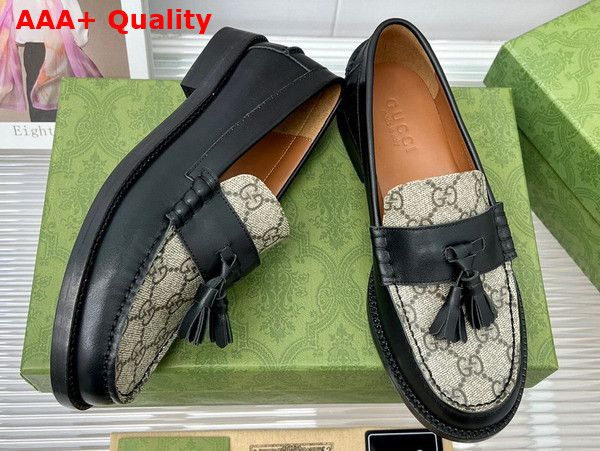 Gucci Womens Loafer with Tassel Black Leather and GG Supreme Canvas Replica