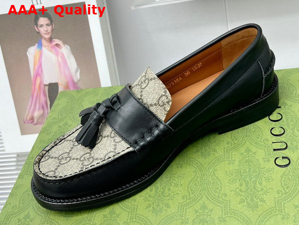 Gucci Womens Loafer with Tassel Black Leather and GG Supreme Canvas Replica