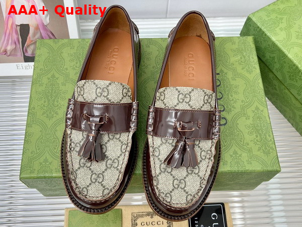 Gucci Womens Loafer with Tassel Brown Leather and GG Supreme Canvas Replica