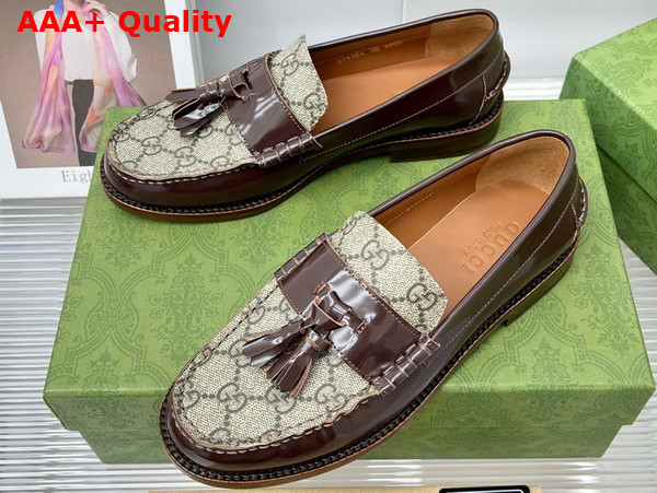 Gucci Womens Loafer with Tassel Brown Leather and GG Supreme Canvas Replica