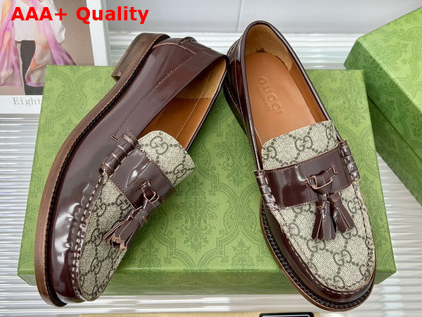 Gucci Womens Loafer with Tassel Brown Leather and GG Supreme Canvas Replica