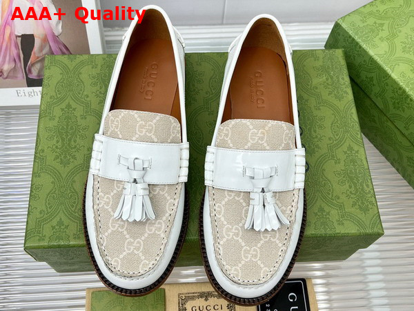 Gucci Womens Loafer with Tassel White Leather and GG Supreme Canvas Replica