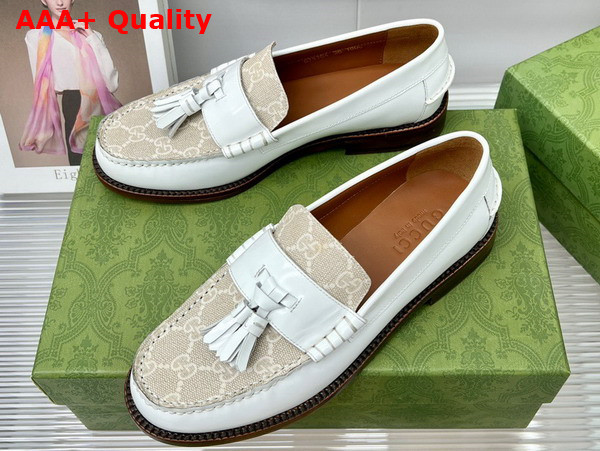 Gucci Womens Loafer with Tassel White Leather and GG Supreme Canvas Replica