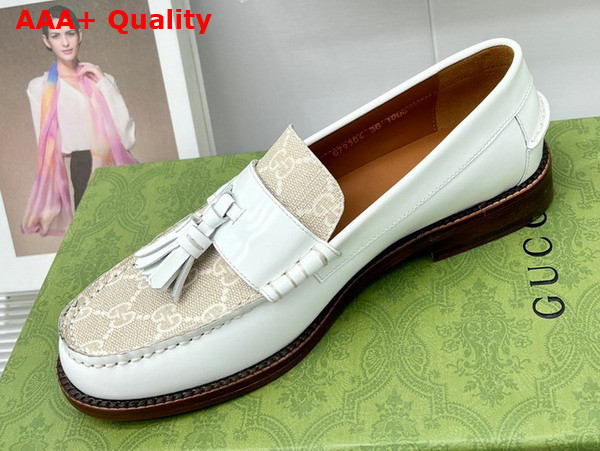 Gucci Womens Loafer with Tassel White Leather and GG Supreme Canvas Replica