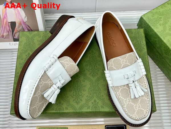 Gucci Womens Loafer with Tassel White Leather and GG Supreme Canvas Replica