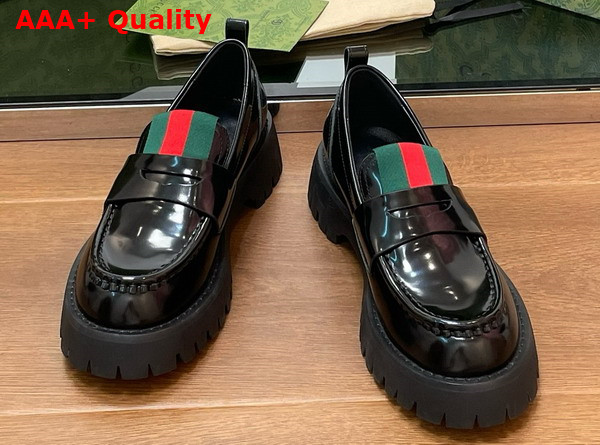 Gucci Womens Loafer with Web Black Shiny Leather 806399 Replica