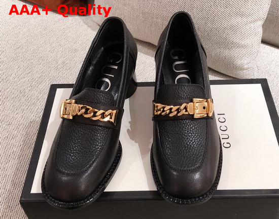 Gucci Womens Mid Heel Loafer with Chain Black Leather 626767 Replica