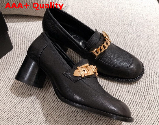 Gucci Womens Mid Heel Loafer with Chain Black Leather 626767 Replica