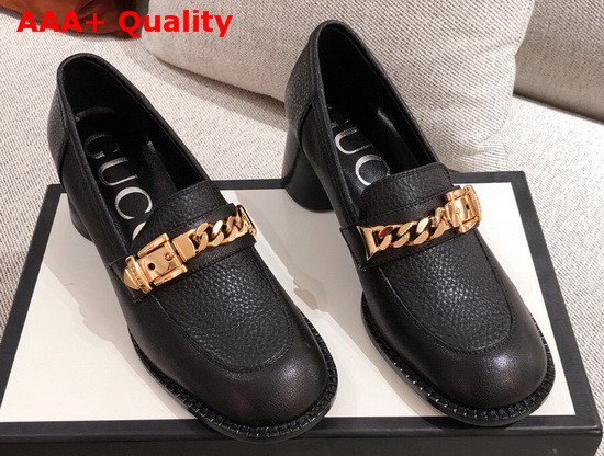 Gucci Womens Mid Heel Loafer with Chain Black Leather 626767 Replica