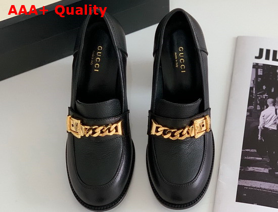 Gucci Womens Mid Heel Loafer with Chain Black Leather Sylvie Gold Metal Chain 626767 Replica