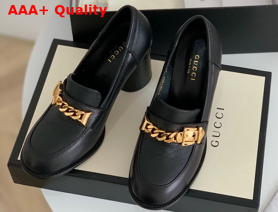 Gucci Womens Mid Heel Loafer with Chain Black Leather Sylvie Gold Metal Chain 626767 Replica