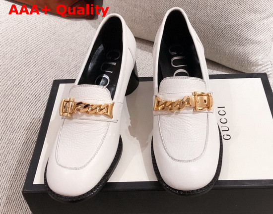 Gucci Womens Mid Heel Loafer with Chain White Leather 626767 Replica