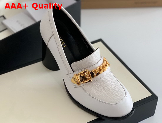 Gucci Womens Mid Heel Loafer with Chain White Leather Sylvie Gold Metal Chain 626767 Replica