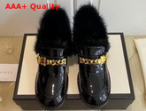 Gucci Womens Mid Heel Loafer with Chain and Mink Fur Black Patent Leather Replica