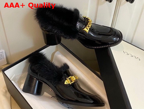 Gucci Womens Mid Heel Loafer with Chain and Mink Fur Black Patent Leather Replica