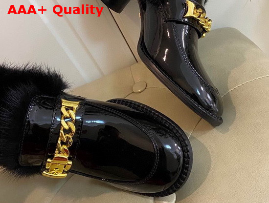 Gucci Womens Mid Heel Loafer with Chain and Mink Fur Black Patent Leather Replica