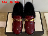 Gucci Womens Mid Heel Loafer with Chain and Mink Fur Burgundy Patent Leather Replica