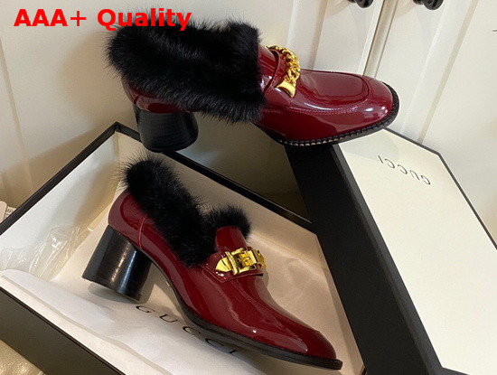 Gucci Womens Mid Heel Loafer with Chain and Mink Fur Burgundy Patent Leather Replica