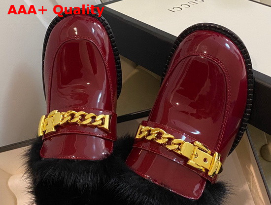 Gucci Womens Mid Heel Loafer with Chain and Mink Fur Burgundy Patent Leather Replica