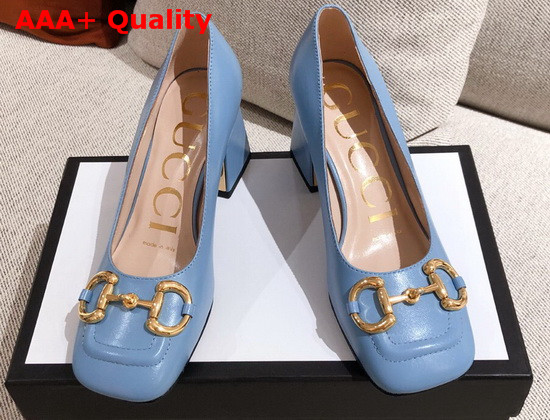 Gucci Womens Mid Heel Pump with Horsebit Light Blue Leather 643886 Replica