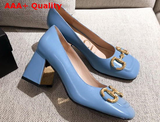 Gucci Womens Mid Heel Pump with Horsebit Light Blue Leather 643886 Replica