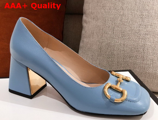 Gucci Womens Mid Heel Pump with Horsebit Light Blue Leather 643886 Replica