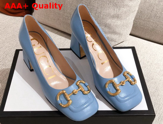 Gucci Womens Mid Heel Pump with Horsebit Light Blue Leather 643886 Replica