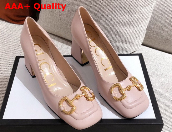 Gucci Womens Mid Heel Pump with Horsebit Light Pink Leather 643886 Replica