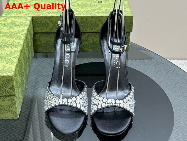 Gucci Womens Mid Heel Sandals with Crystals in Black Satin 749833 Replica